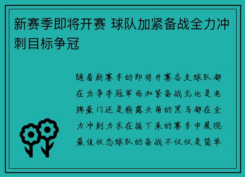 新赛季即将开赛 球队加紧备战全力冲刺目标争冠