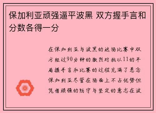 保加利亚顽强逼平波黑 双方握手言和分数各得一分